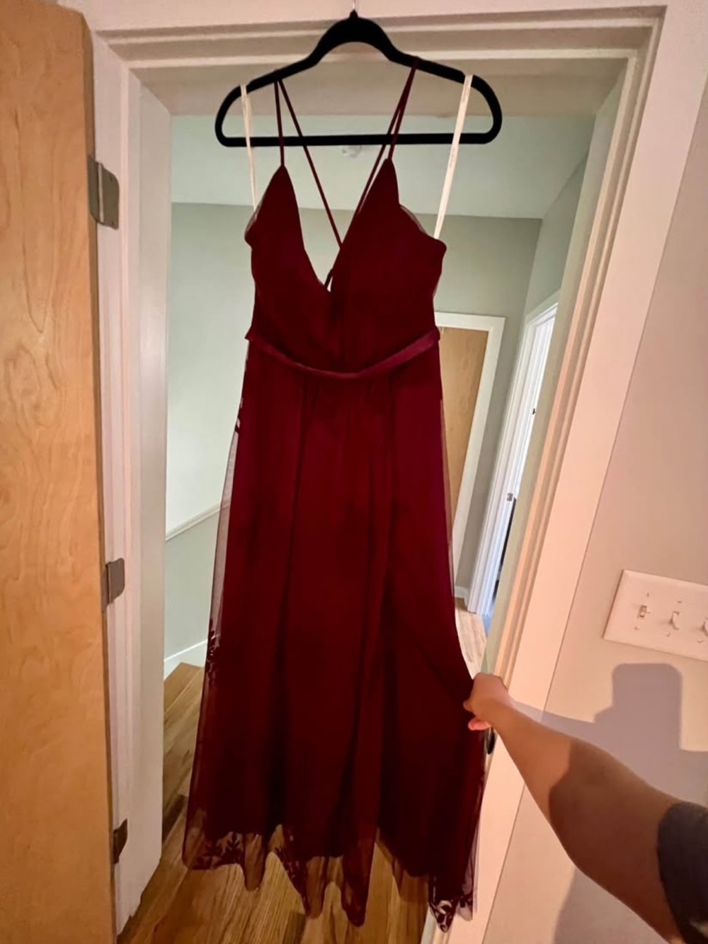 David’s Bridal Burgundy Lace Overlay Dress
